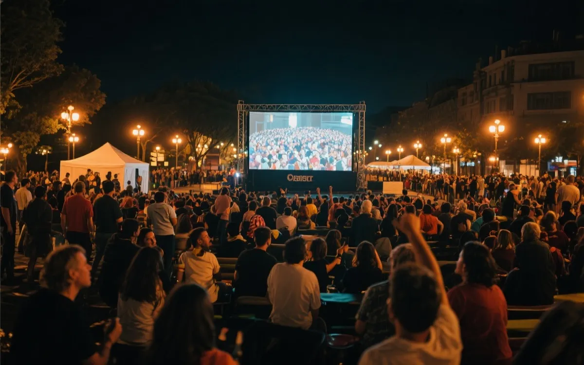 夜晚城市广场公共观看区，球迷围绕大屏幕观赛并交流