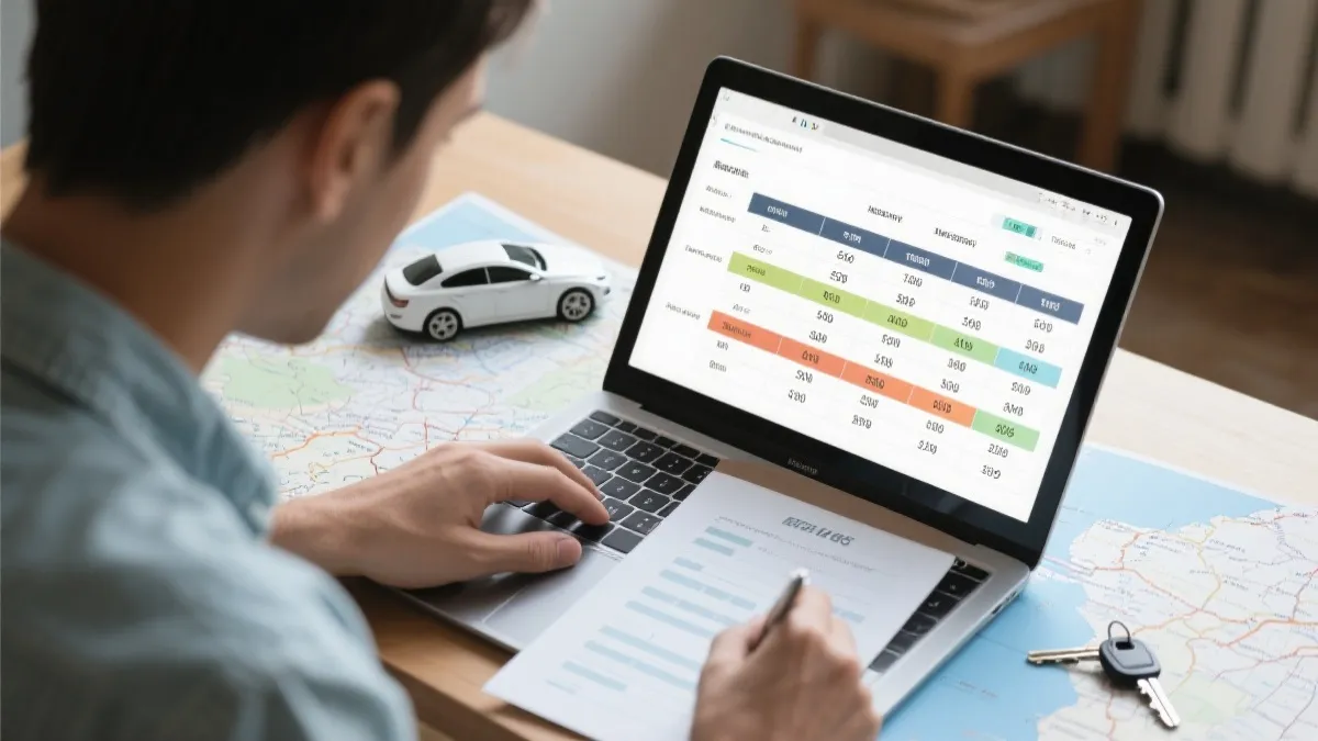 旅行者在电脑前做租车预算表与行程规划