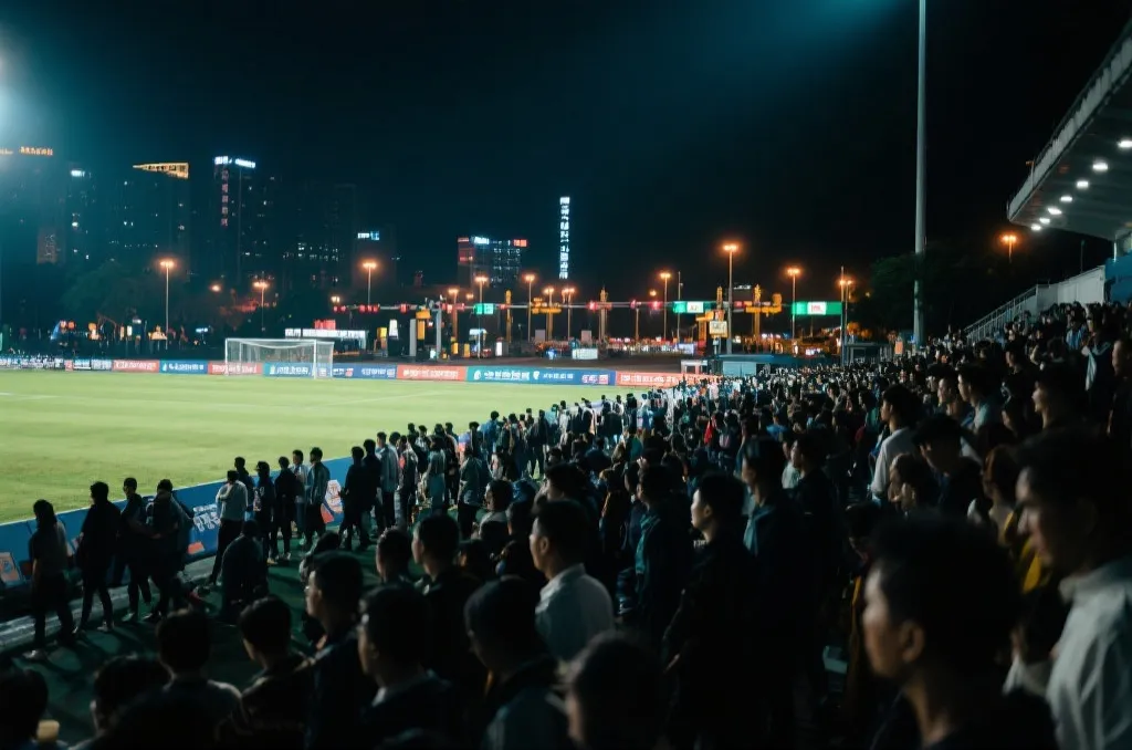 夜色中的现代球场外景,球迷沿着交通站点有序离场的氛围