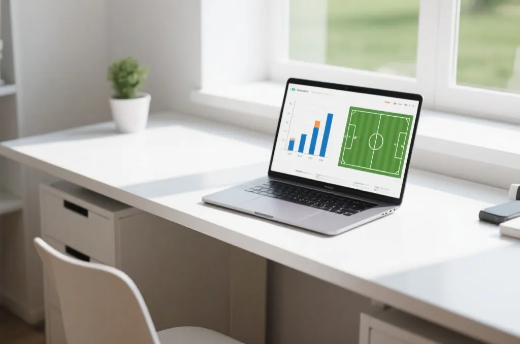 A clean modern desk with a laptop displaying statistical bar charts and soccer pitch layout